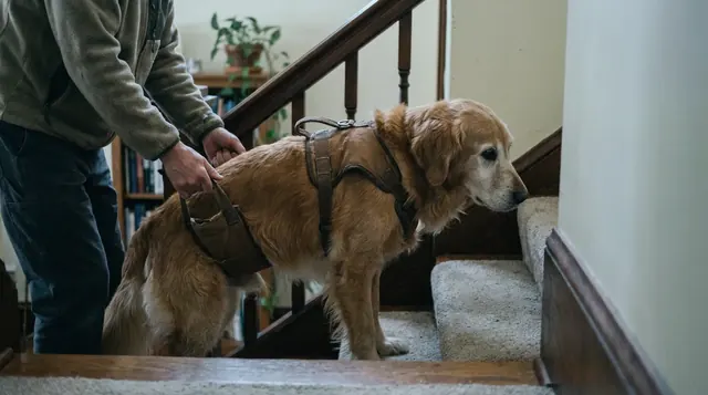 An older golden retriever climbing carpeted stairs in a lift harness held by its owner