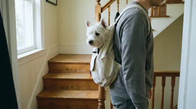 A small terrier riding in a front backpack carrier while its owner walks down stairs